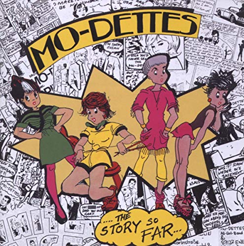 CD cover featuring cartoon girls and starburst, titled "Mo-Dettes - The Story So Far.