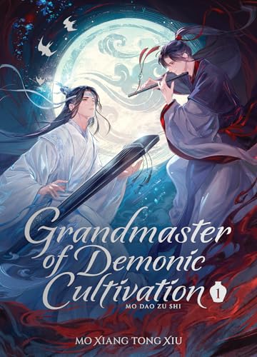 Two men in traditional robes play a flute and a guqin before a full moon.
