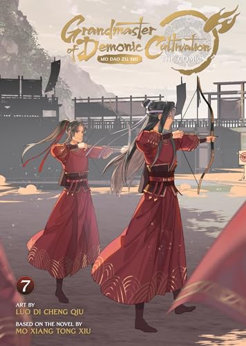 Two characters in red robes practice archery against a backdrop of traditional wooden buildings.