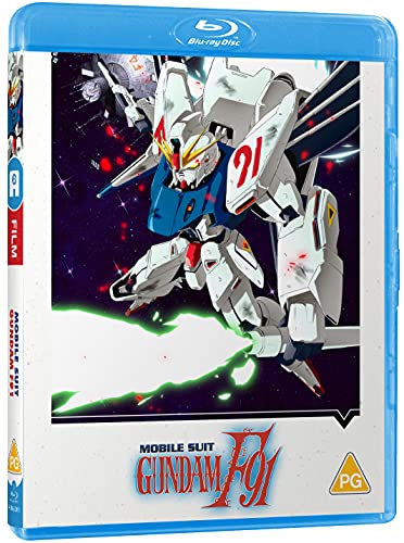 Blu-ray case featuring white and blue Gundam F91 mecha against a starry background.