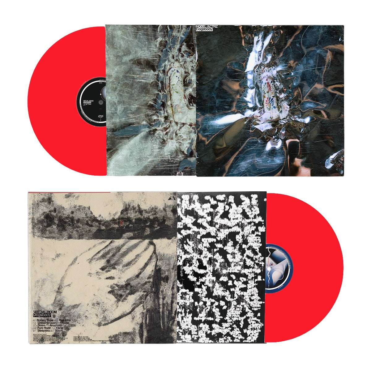 "Red vinyl records with abstract album covers, partially visible, against a white background."