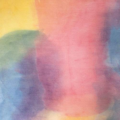 Abstract watercolor painting in shades of red, yellow, blue, and green.