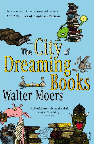 Book cover: whimsical illustration of monsters and stacked books, blue background.