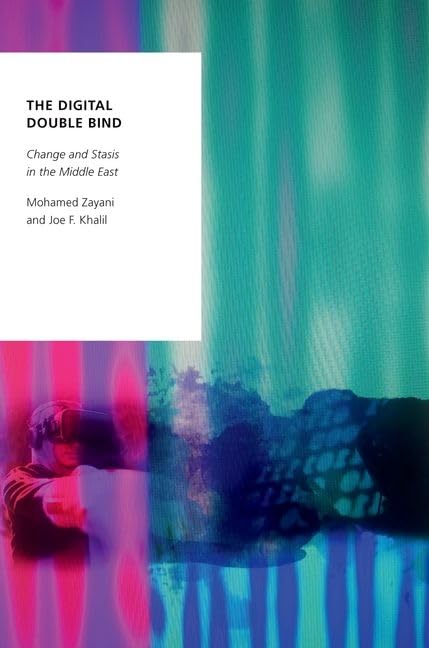 Book cover with abstract teal and pink design, person wearing VR headset.