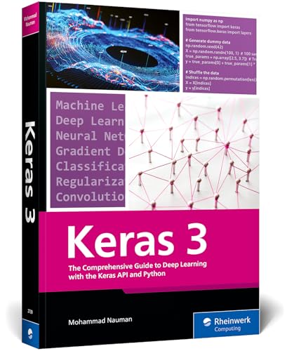 Book cover for "Keras 3" with abstract data visualization and text.