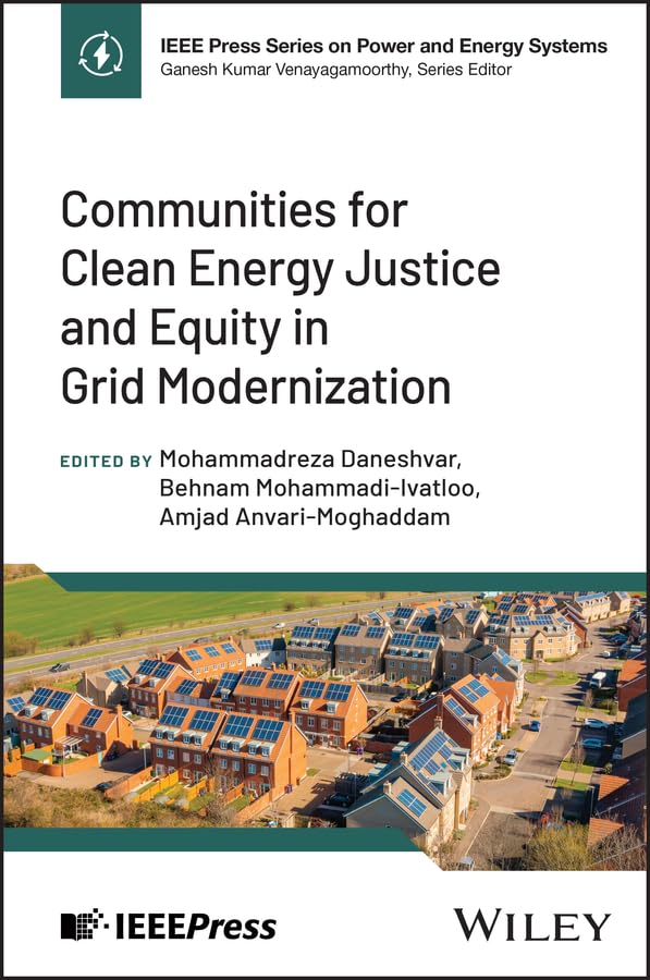 Book cover with houses featuring solar panels, titled “Communities for Clean Energy…”