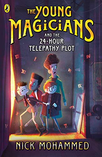Book cover: four young magicians stand before a glowing, mysterious doorway.