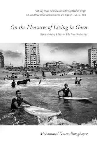 Black and white book cover depicting a beach scene in Gaza with swimmers.