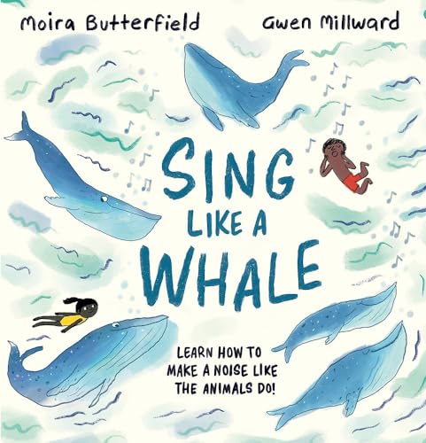 Book cover with blue whales, a child, and musical notes.