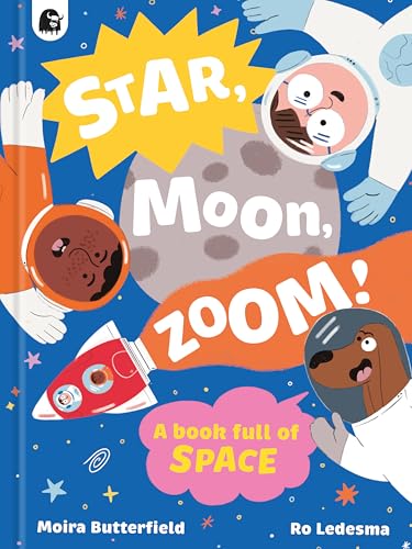 Book cover: astronauts, a rocket, the moon, and stars in bright colors.