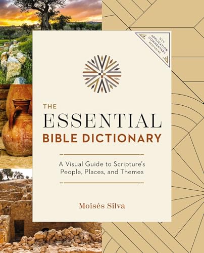 Bible dictionary cover with landscape imagery and geometric design.
