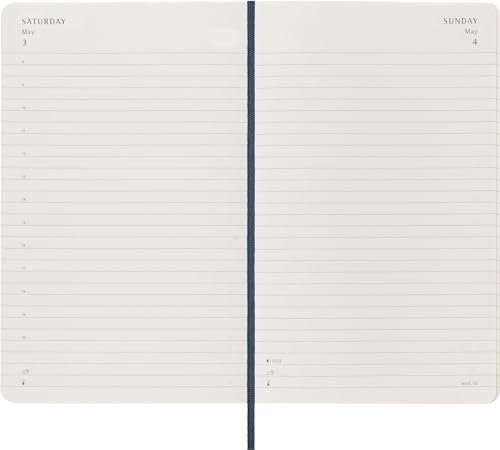 Open Moleskine daily planner showing Saturday May 3 and Sunday May 4 with ribbon bookmark.
