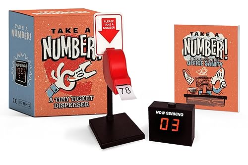 Miniature ticket dispenser with box and digital "Now Serving" display.