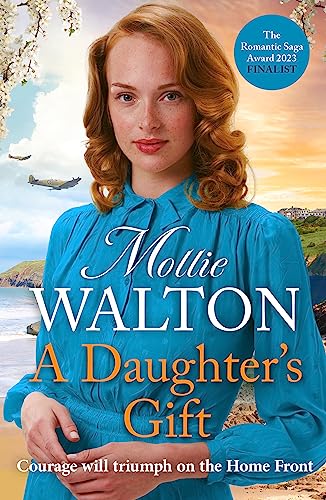 Book cover: woman in blue, airplane, coastal landscape, title “A Daughter’s Gift.”