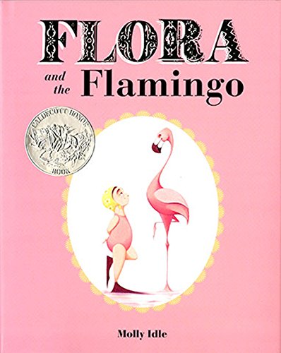 The image depicts a children's book cover with a pink background. The alt text is: "Children's book cover featuring a girl and a flamingo on a pink background."