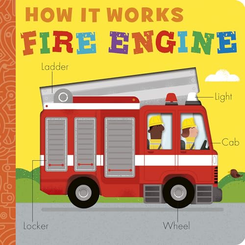 Red fire engine illustration with labeled parts and two firefighters inside.