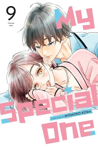 Manga cover: a man looking down at a woman with pink accents.