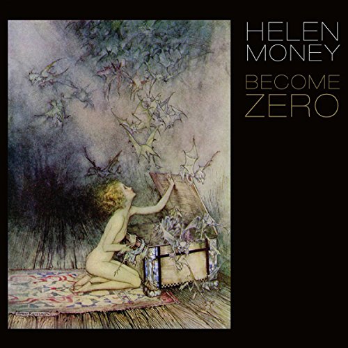 Nude woman kneeling on rug, reaching to creatures emerging from box beside her.