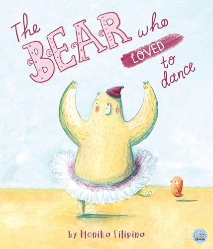 Yellow bear in a tutu dancing, with a small orange bird nearby.