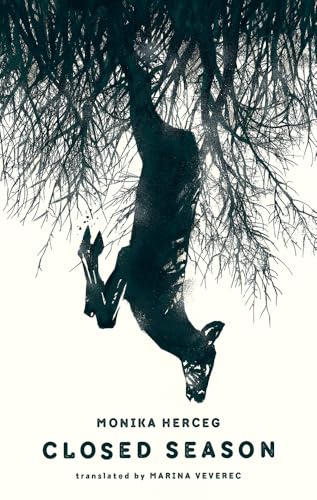 Book cover: hanging deer silhouette against stark white branches, title "Closed Season".