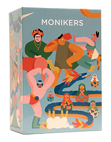 Box for Monikers card game with colorful illustrated figures.