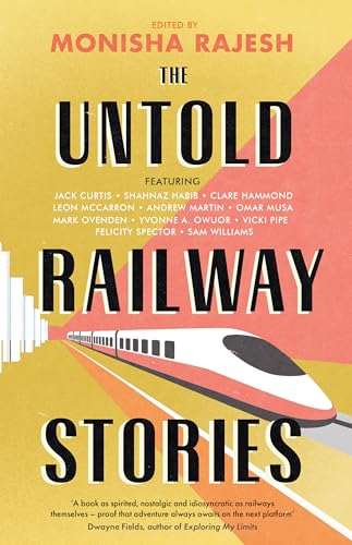 Book cover with a train illustration on a yellow and orange background.