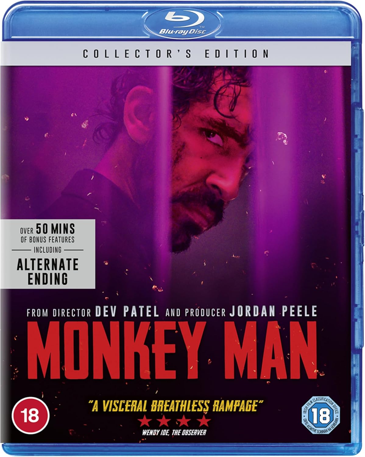 Blu-ray cover for "Monkey Man" featuring Dev Patel’s distressed face in red.