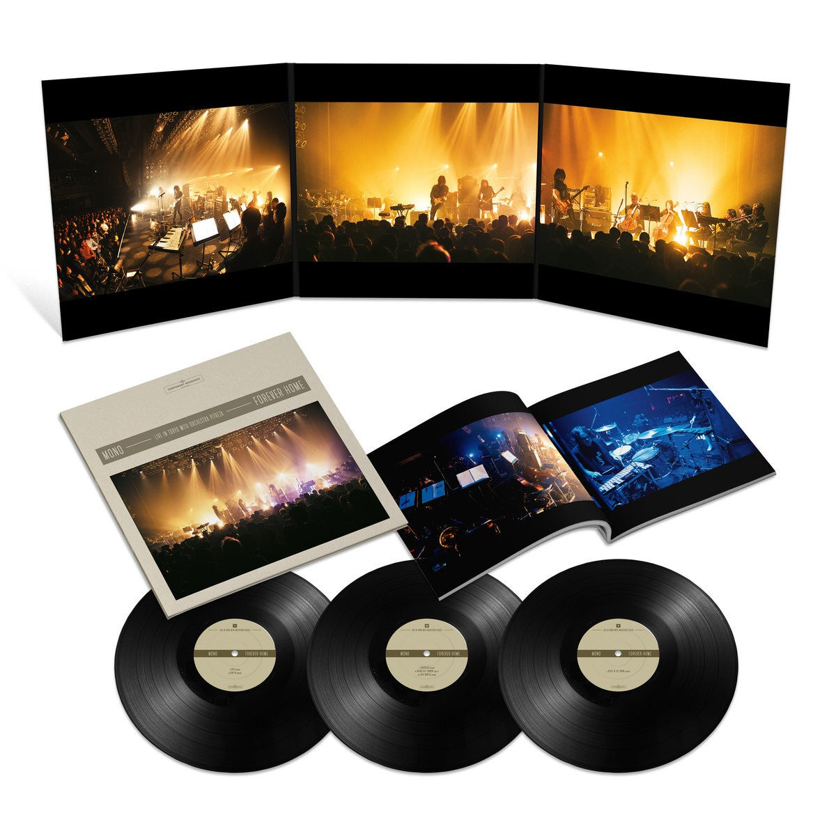 Vinyl record set with gatefold cover and concert photography.