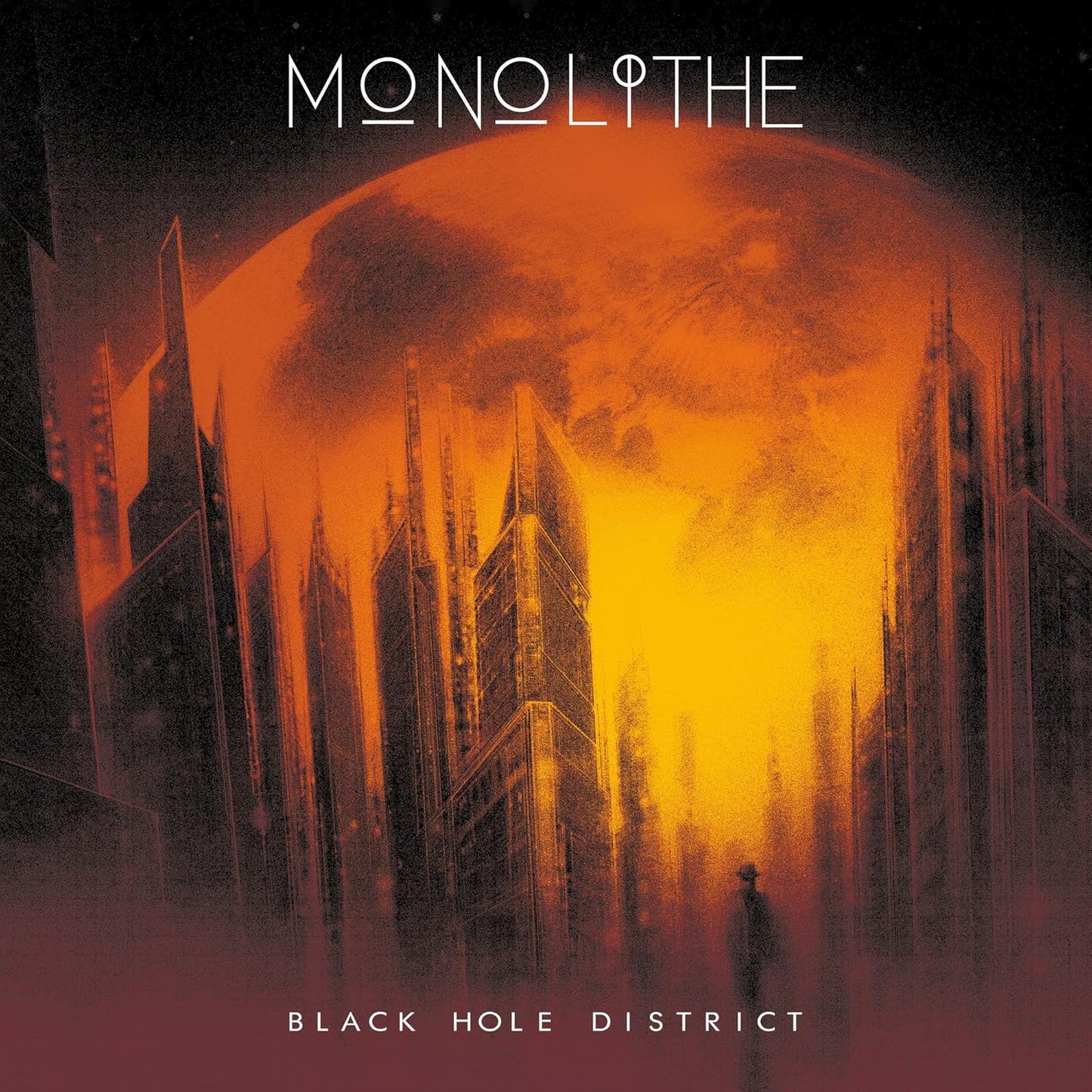 CD cover: futuristic cityscape silhouetted against a fiery orange sun.