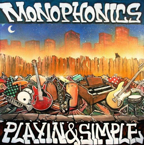 CD cover for Monophonics’ “Playin & Simple” with musical instruments and city skyline.
