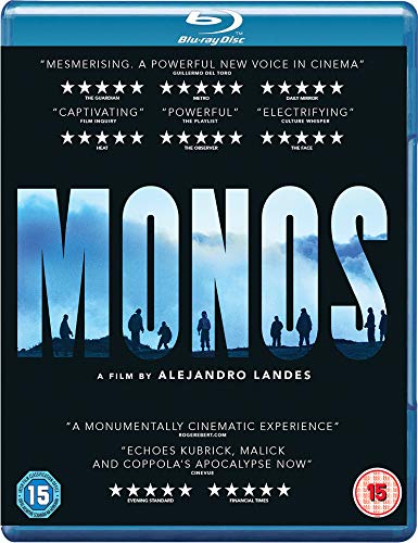 “Monos” Blu-ray cover with silhouetted figures against a cloudy landscape.
