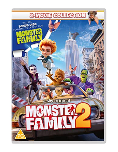 DVD cover for "Monster Family 2" featuring cartoon monsters and cityscape.