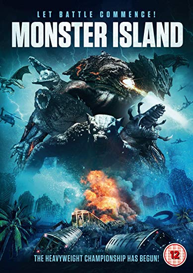 "Monster Island DVD cover featuring giant monsters battling, with destruction and chaos in the background."