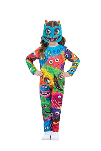 Child wearing a colorful, all-over-print monster costume with a blue mask.