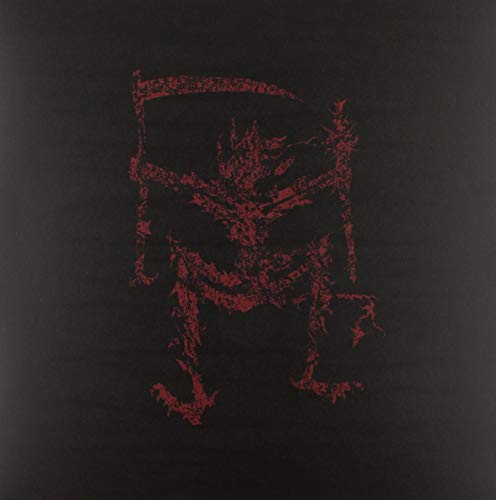 Red stylized illustration of a skeletal figure with a scythe on a black background.