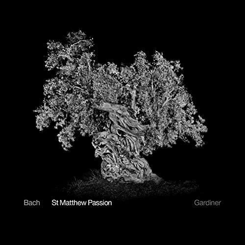 Black and white CD cover featuring a gnarled tree and text: “Bach St Matthew Passion”.