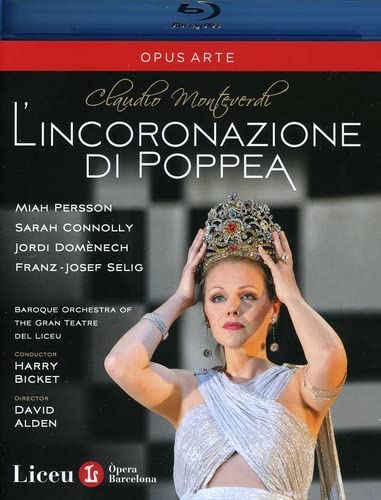 Blu-ray cover for Monteverdiās *Lāincoronazione di Poppea* opera, featuring a woman with a crown.