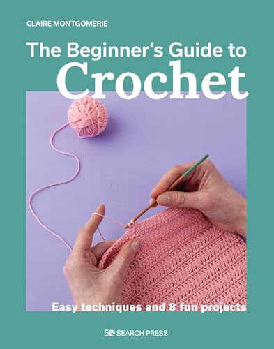 Book cover showing hands crocheting pink yarn on a light purple background.