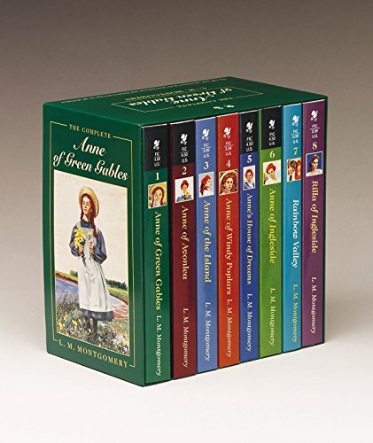 Eight colorful Anne of Green Gables books standing upright in a green box set.