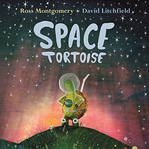 The image depicts the cover of a children's book titled "Space Tortoise". The alt text for this image is: "Book cover featuring a cartoon tortoise in a space helmet."