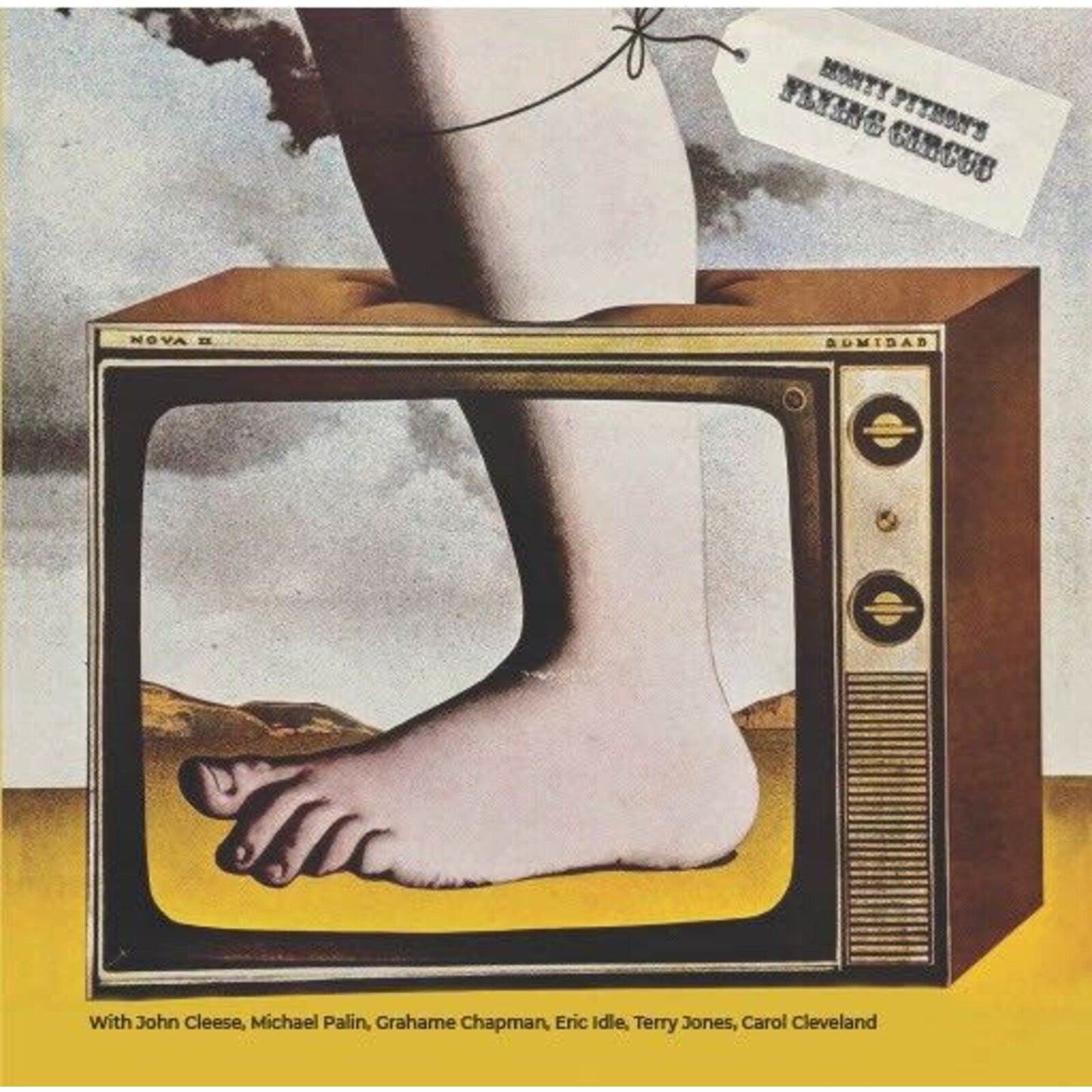 A giant foot stepping into a vintage television set with a hanging luggage tag.