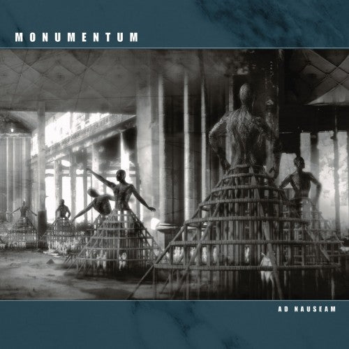 Dark, grayscale image of statues within a crumbling, classical structure.