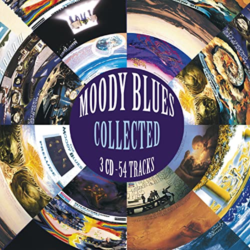 Album cover featuring a collage of Moody Blues artwork surrounding a central purple circle.