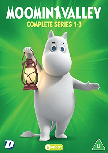 Moomin character holding a glowing lantern on a green background, Moominvalley DVD cover.