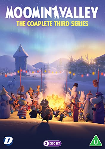 Moomin characters gathered around a campfire in a snowy valley.