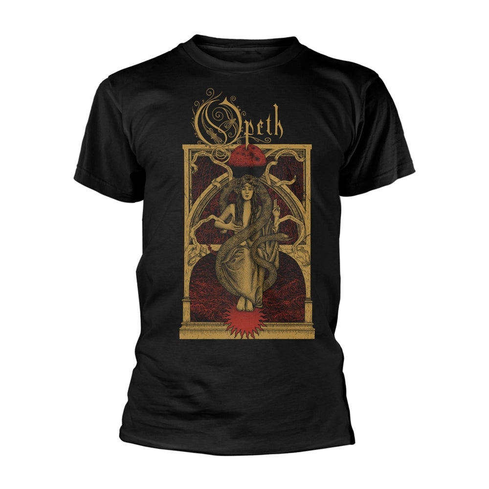 Black t-shirt with ornate, gothic design of a woman and snakes.
