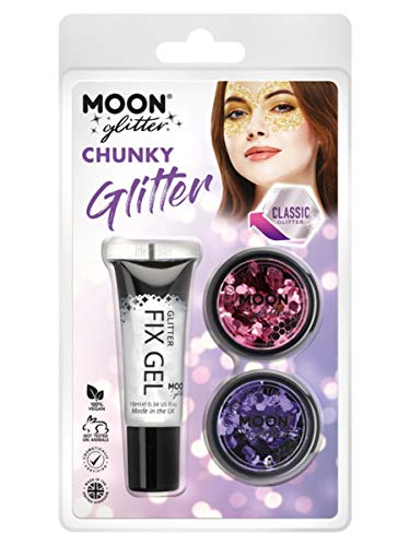 "Moon Glitter product packaging with chunky glitter and fix gel."