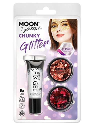 "Packaged chunky glitter makeup set with gel, two pots of red and gold glitter."