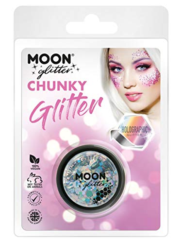 Silver chunky holographic glitter in a clear pot, with model’s face.