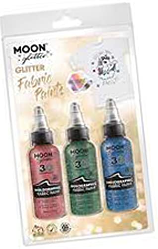 Three bottles of pink, green, and blue glitter fabric paint on packaging.